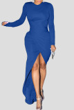 Blue Sexy Solid Patchwork Asymmetrical O Neck Long Sleeve Dresses