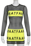 Black Sexy Print Mesh O Neck Pencil Skirt Dresses