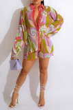 Colour Casual Print Patchwork Turndown Collar Long Sleeve Two Pieces