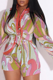 Colour Casual Print Patchwork Turndown Collar Long Sleeve Two Pieces