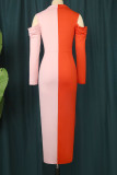 Red Work Elegant Solid Patchwork Buckle Turndown Collar Straight Dresses