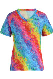 Colour Fashion Casual Print Patchwork V Neck T-Shirts