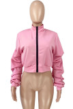 Pink Casual Solid Patchwork Fold Zipper Collar Outerwear