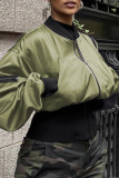 Green Street Solid Patchwork Zipper Collar Outerwear