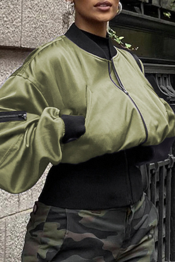 Green Street Solid Patchwork Zipper Collar Outerwear