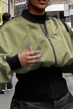 Green Street Solid Patchwork Zipper Collar Outerwear