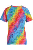 Colour Fashion Casual Print Patchwork V Neck T-Shirts