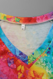 Colour Fashion Casual Print Patchwork V Neck T-Shirts