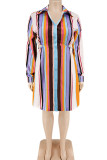 White Casual Striped Print Hollowed Out Patchwork Buckle Turndown Collar Shirt Dress Plus Size Dresses