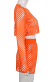 Orange Sexy Solid Mesh O Neck Long Sleeve Two Pieces