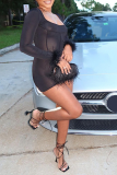Black Sexy Solid Tassel Square Collar Skinny Rompers