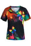 Colour Fashion Casual Print Patchwork V Neck T-Shirts