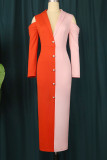 Red Work Elegant Solid Patchwork Buckle Turndown Collar Straight Dresses