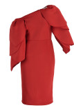 Red Fashion Sexy Solid Patchwork Oblique Collar Evening Dress