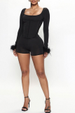 Black Sexy Solid Tassel Square Collar Skinny Rompers