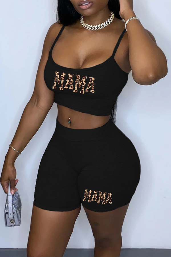 Black Fashion Casual Print Split Joint O Neck Short Sleeve Two Pieces