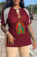 Burgundy Street Print Skull Tassel V Neck T-Shirts