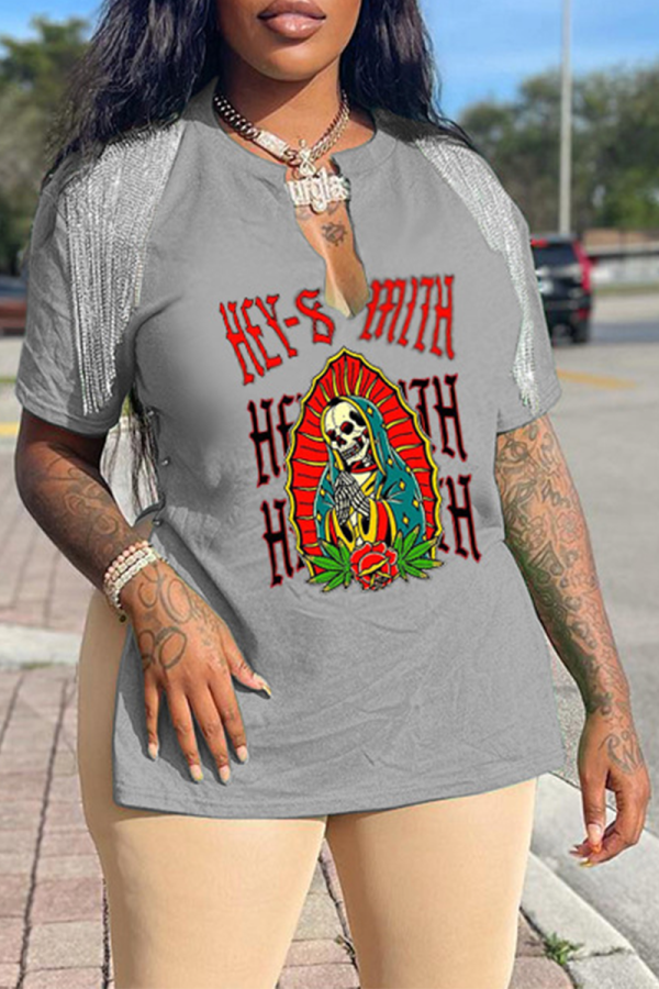 Grey Street Print Skull Tassel V Neck T-Shirts