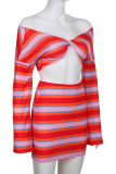 Red Sexy Striped V Neck Long Sleeve Two Pieces