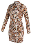 Leopard Print Sexy Print Patchwork Zipper Half A Turtleneck Long Sleeve Dresses
