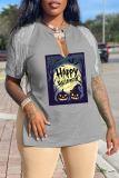 Blue Street Print Tassel V Neck T-Shirts