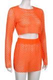 Orange Sexy Solid Mesh O Neck Long Sleeve Two Pieces