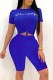 Blue Casual Print Letter O Neck Short Sleeve Two Pieces