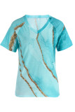 Colour Fashion Casual Print Patchwork V Neck T-Shirts