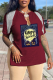 Burgundy Street Print Tassel V Neck T-Shirts