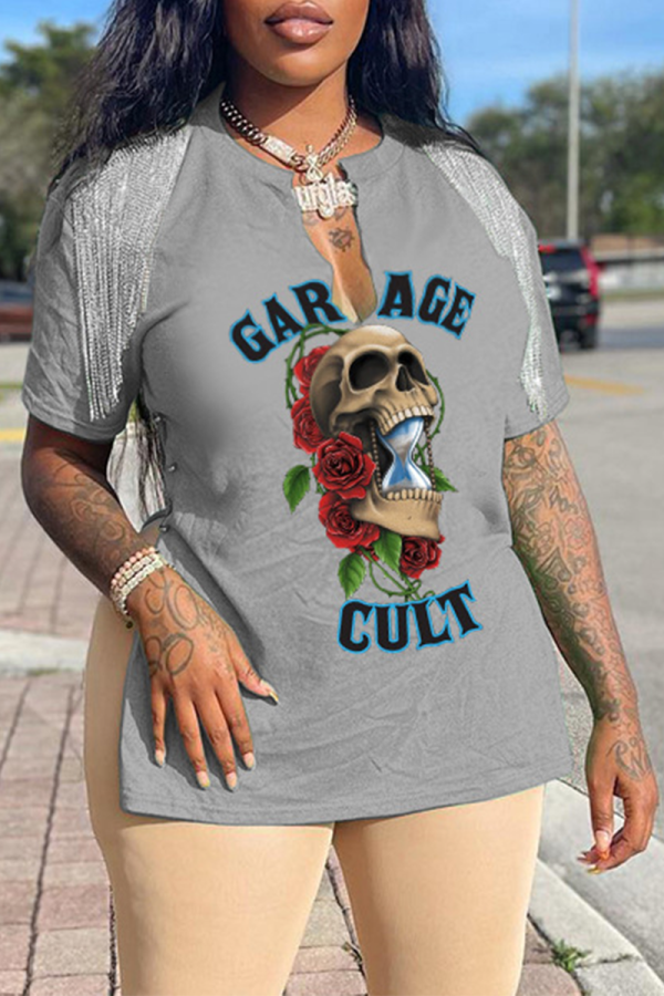 Grey Daily Skull Tassel V Neck T-Shirts