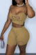 Khaki Fashion Casual Print Split Joint O Neck Short Sleeve Two Pieces