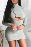 Purplish Blue Sexy Casual Solid Hollowed Out Turtleneck Long Sleeve Dresses
