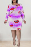 Purple Sexy Print Hollowed Out Patchwork O Neck Pencil Skirt Dresses