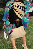 Coffee Casual Print Patchwork O Neck Printed Dress Dresses