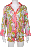 Colour Casual Print Patchwork Turndown Collar Long Sleeve Two Pieces