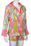 Colour Casual Print Patchwork Turndown Collar Long Sleeve Two Pieces