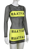Black Sexy Print Mesh O Neck Pencil Skirt Dresses