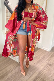 Red Casual Print Bandage Cardigan Collar Outerwear