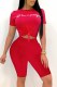 Red Casual Print Letter O Neck Short Sleeve Two Pieces