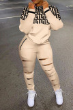 Cream White Casual Street Print Ripped Patchwork Zipper Collar Long Sleeve Two Pieces