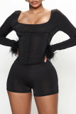 Black Sexy Solid Tassel Square Collar Skinny Rompers