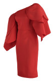 Red Fashion Sexy Solid Patchwork Oblique Collar Evening Dress