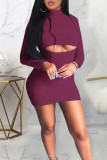 Grey Sexy Casual Solid Hollowed Out Turtleneck Long Sleeve Dresses