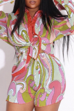 Colour Casual Print Patchwork Turndown Collar Long Sleeve Two Pieces