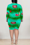 Green Sexy Print Hollowed Out Patchwork O Neck Pencil Skirt Dresses