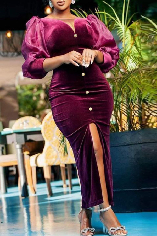 Rose Red Elegant Patchwork Patchwork Buckle V Neck Evening Dress Dresses