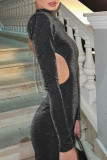 Black Sexy Solid Patchwork Backless O Neck Pencil Skirt Dresses