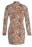 Leopard Print Sexy Print Patchwork Zipper Half A Turtleneck Long Sleeve Dresses