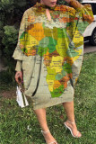 Coffee Casual Print Patchwork O Neck Printed Dress Dresses