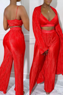 Red Sexy Solid Patchwork Fold Spaghetti Strap Long Sleeve Three Pieces